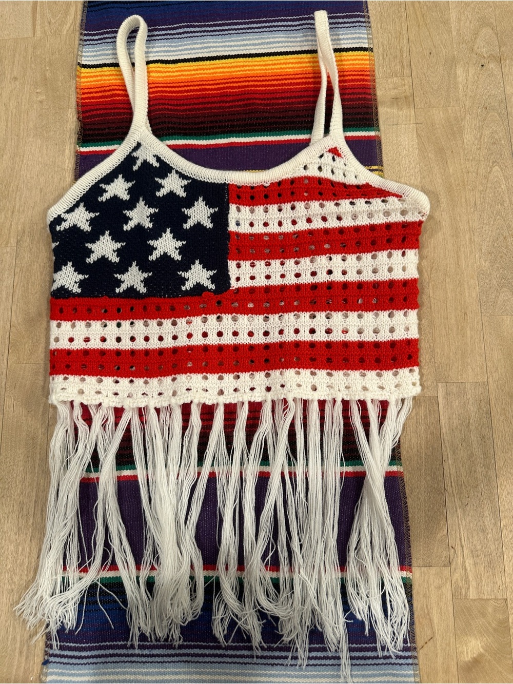 Patriotic Crochet Fringe Crop Top - Red, White & Blue